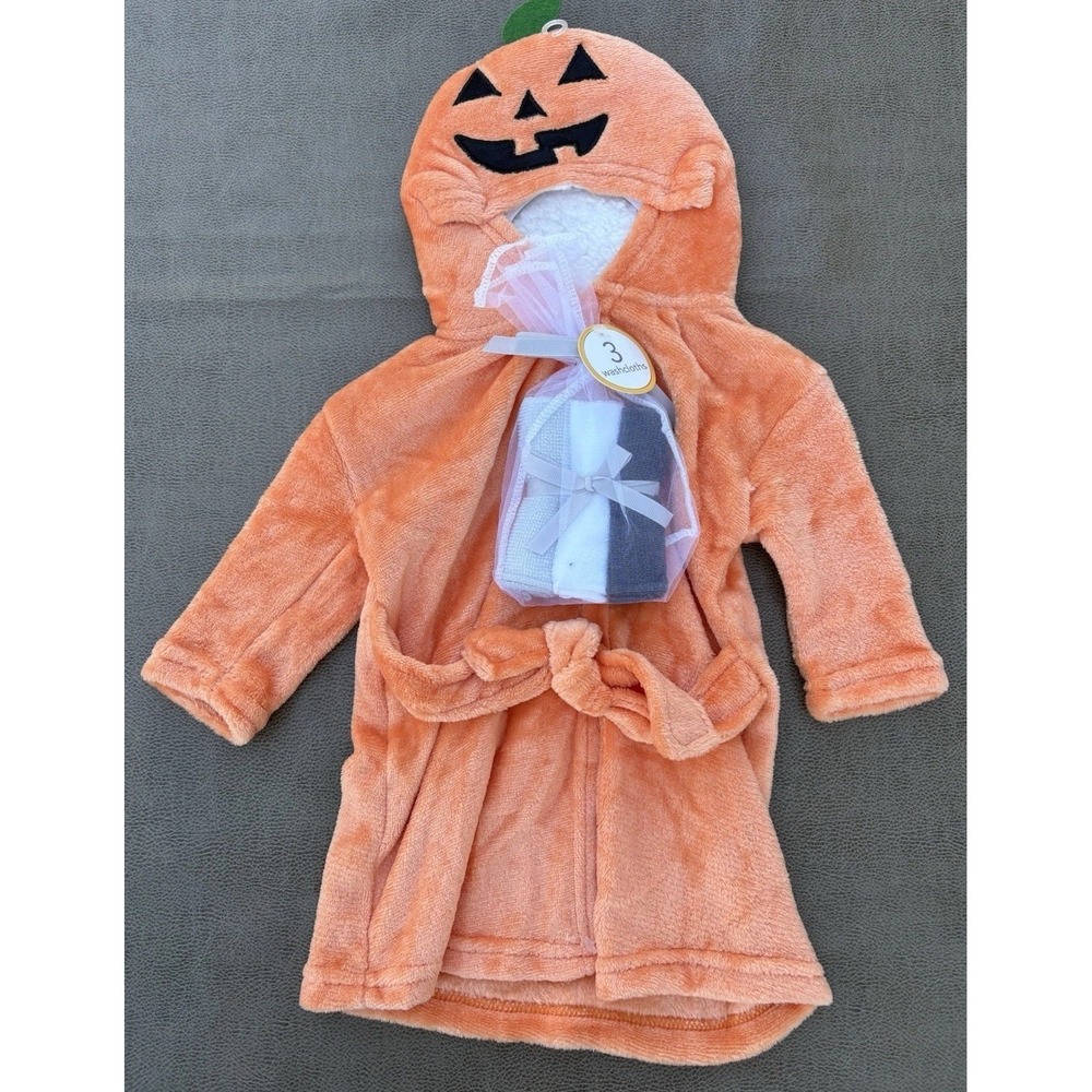 Modern Baby Pumpkin Robe Hooded Bath Set 3 Washcloths Orange Black 0-9 Months